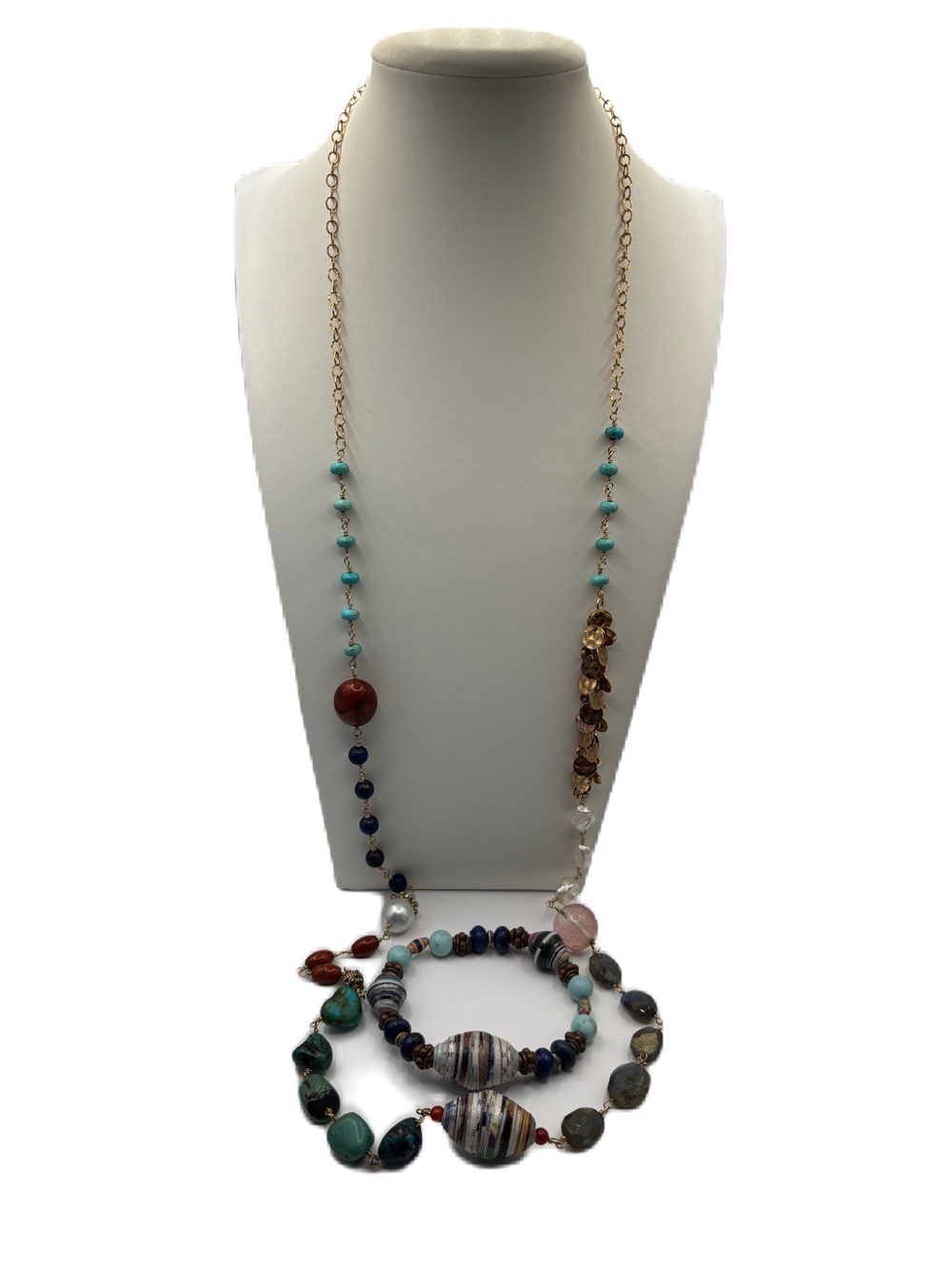 Multi-Color Beaded Long Necklace & Bracelet - Turquoise and Coral Accents